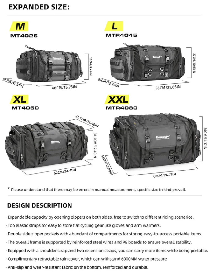 Rhinowalk 33-45L Tail  bag with expandable