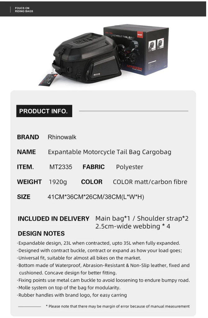 Rhinowalk Expandable Motorcycle Tail Cargo bag 23L - 35L