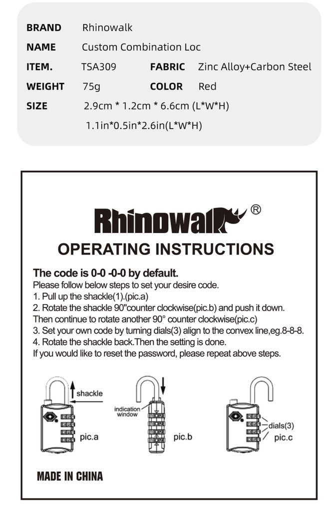 Rhinowalk TSA309RD TSA Combination Lock