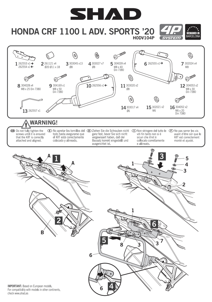 SHAD 4P SYSTEM SIDE CASE KIT HONDA CRF 1000/1100L AFRICA TWIN ADVENTURE SPORT