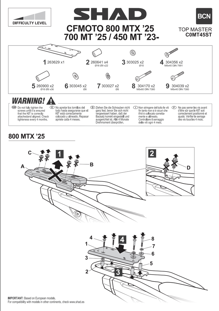 SHAD TOP CASE KIT CF MOTO 450 MT/700 MT/800 MTX